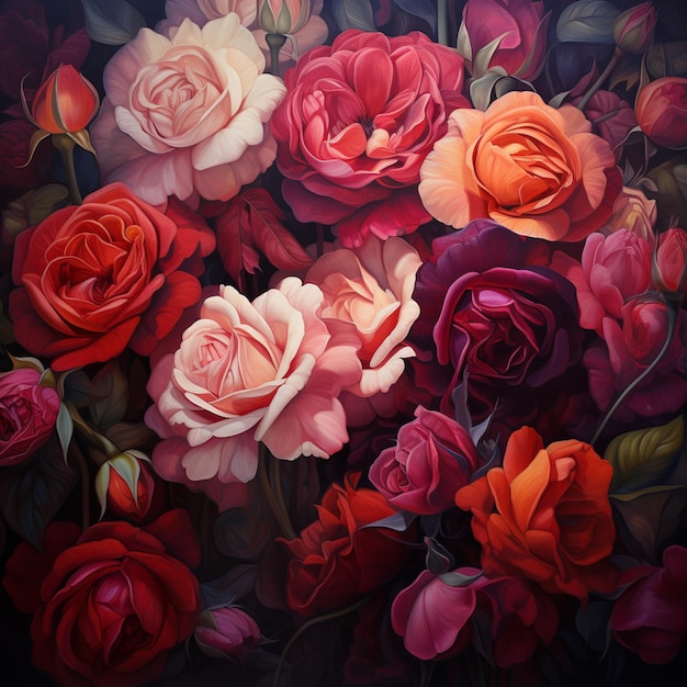 er zijn veel verschillende gekleurde rozen in een schilderij aan de muur generatieve ai