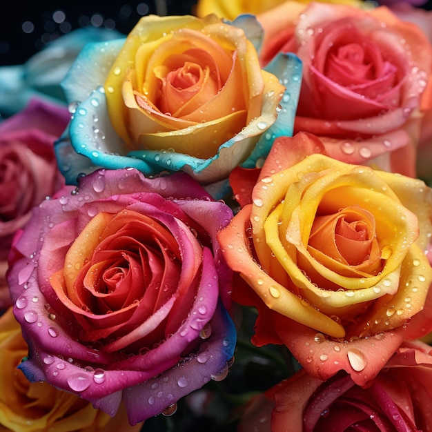Er zijn veel verschillende gekleurde rozen met waterdruppeltjes erop generatieve ai