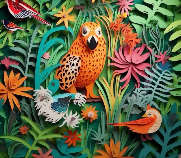Er zijn veel verschillende gekleurde vogels in een jungle van papier generatieve ai