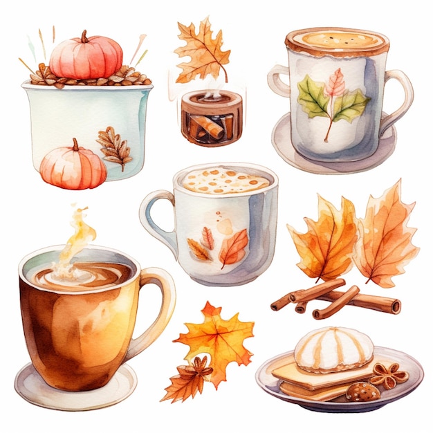Er zijn veel verschillende soorten koffie en kopjes met herfstbladeren generatieve ai
