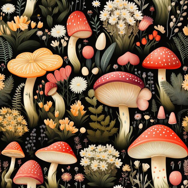 Er zijn veel verschillende soorten paddenstoelen en bloemen op deze zwarte achtergrond.
