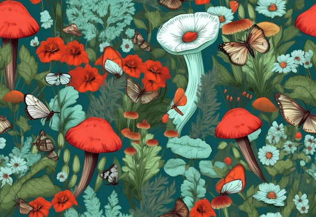 Er zijn veel verschillende soorten paddenstoelen en vlinders in dit patroon generatieve ai