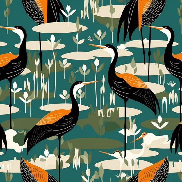 Er zijn veel vogels die samen in het water staan generatieve ai