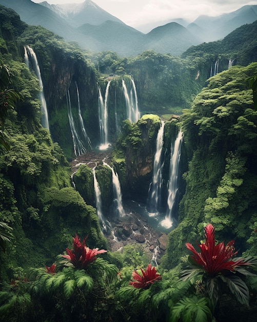 Er zijn veel watervallen in de jungle met rode bloemen generatieve ai