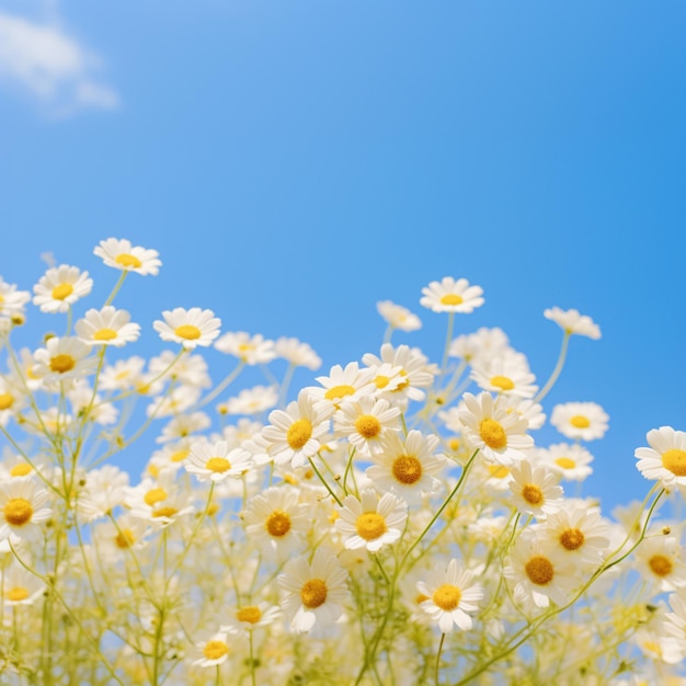 er zijn veel witte bloemen in het veld met een blauwe lucht op de achtergrond generatieve ai