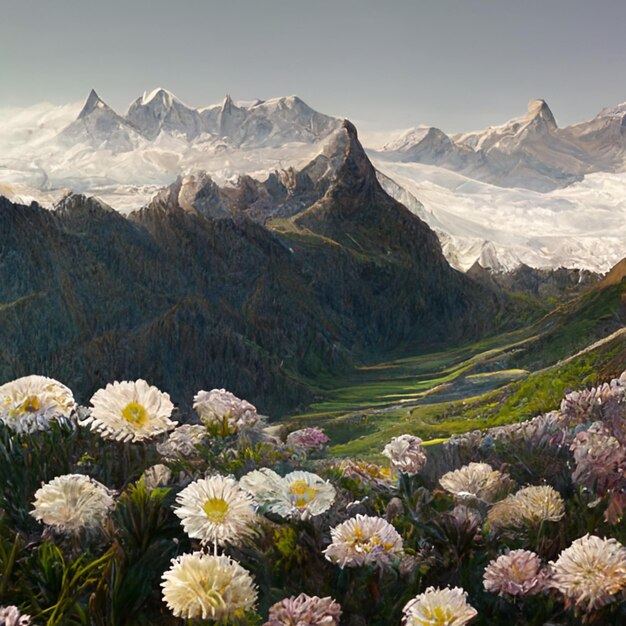 Er zijn veel witte bloemen op de voorgrond van een bergketen.