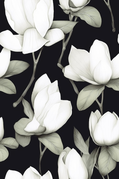 Er zijn veel witte bloemen op een zwarte achtergrond.