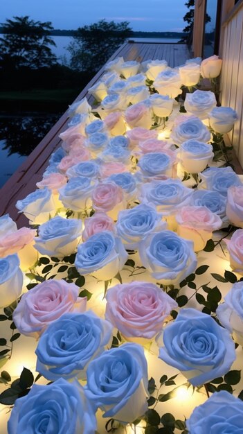 er zijn veel witte en roze rozen op een tafel met verlichting generatieve ai