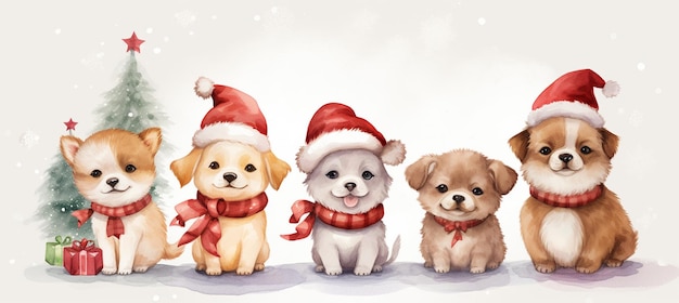 er zijn vier honden met kerstmutsen en sjaals rond een kerstboom generatieve ai