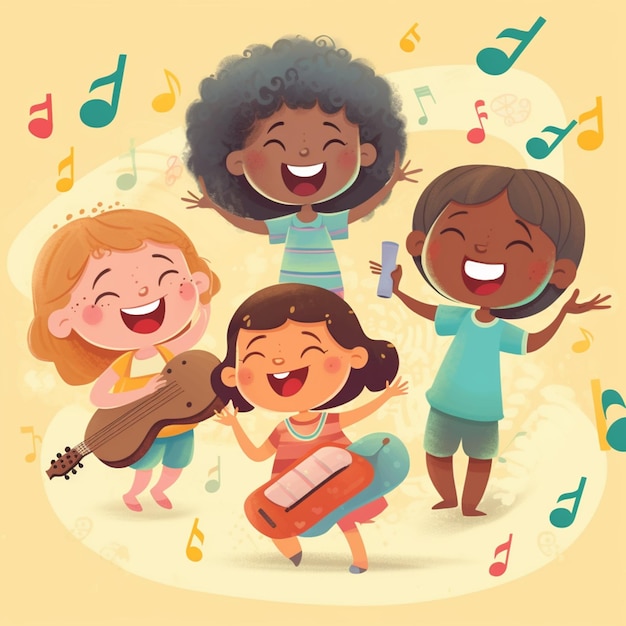 Er zijn vier kinderen die samen zingen en muziek spelen.