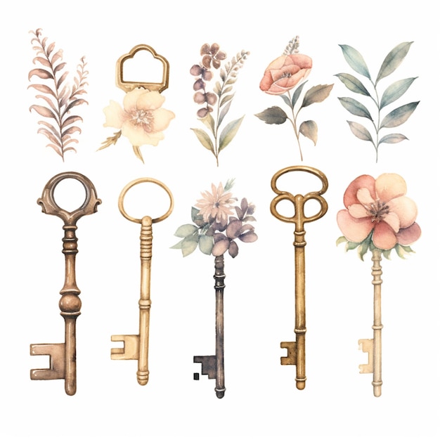 Foto er zijn vier sleutels en bloemen op een witte generatieve ai als achtergrond