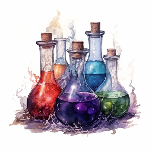 er zijn vier verschillende gekleurde vloeistoffen in glazen flessen op een tafel generatieve ai