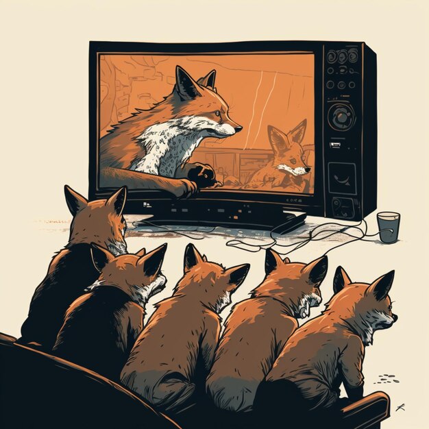 Er zijn vier vossen die televisie kijken terwijl ze op een bank zitten.