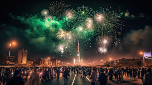 Er zijn vuurwerk te zien in de lucht boven een stad.