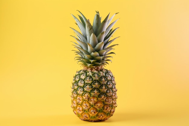 Er zit een ananas op een geel oppervlak.