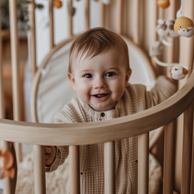 Foto er zit een baby in een wieg met een speelgoed dat er aan hangt.