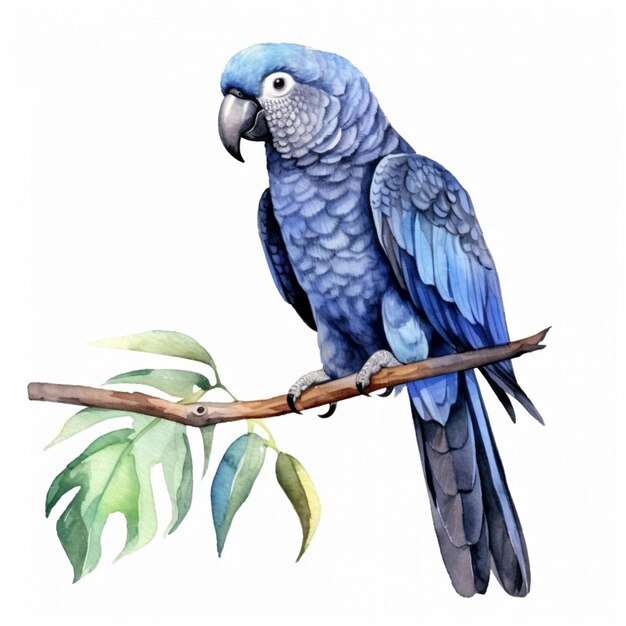 Er zit een blauwe papegaai op een tak met bladeren.