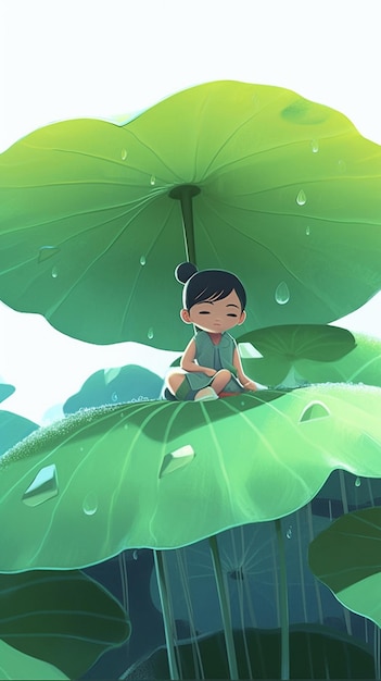 Foto er zit een cartoonmeisje op een blad in de generatieve ai van de regen