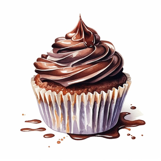 Er zit een cupcake met chocoladeglazuur en chocoladesaus op generatieve ai