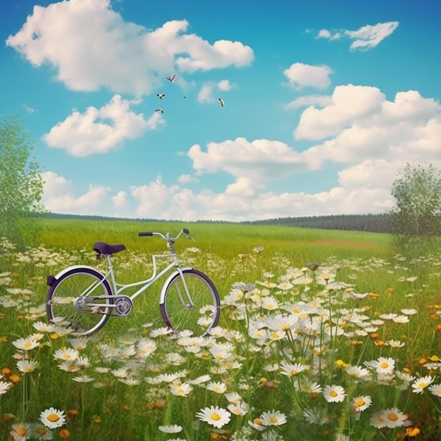 Er zit een fiets in het gras met bloemen.