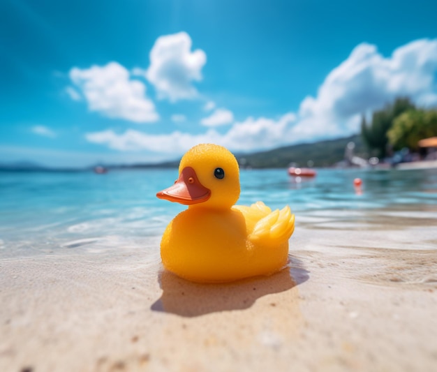 Er zit een gele rubberen eend op het strand generatieve ai