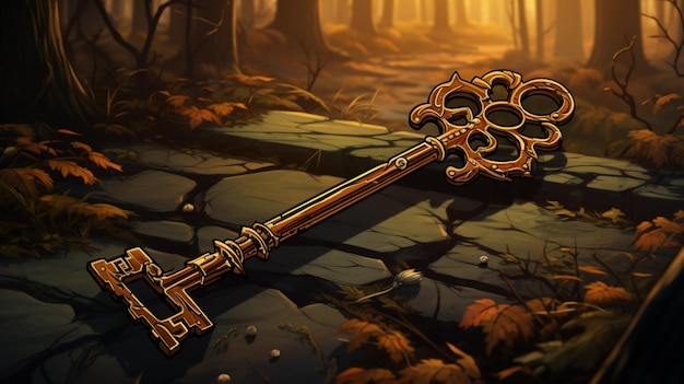 Er zit een gouden sleutel op een stenen pad in het bos.