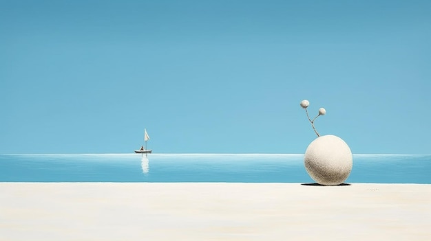 Er zit een grote witte bal op het strand naast een zeilboot.