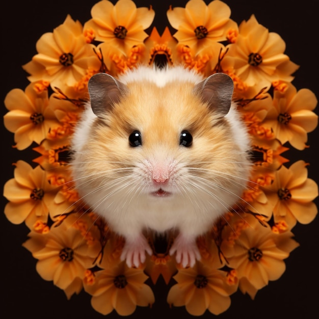 Er zit een hamster in een bloemrijke cirkel.