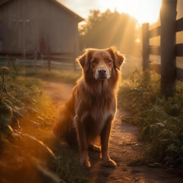 Er zit een hond op de onverharde weg.