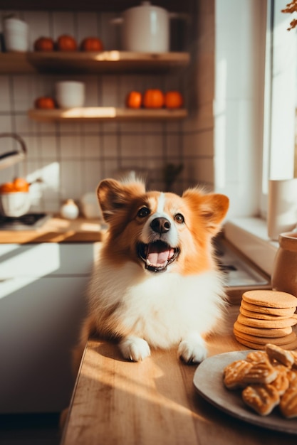 er zit een hond op een aanrecht met een bord koekjes generatieve ai