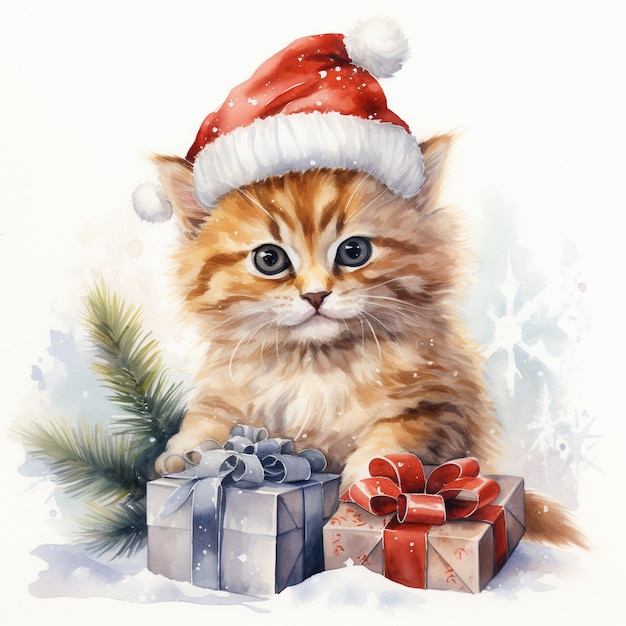 Er zit een kat naast een kerstcadeau.