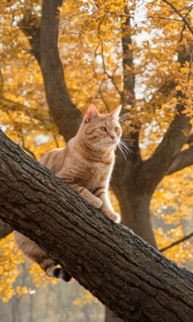 Foto er zit een kat op een boomstam.