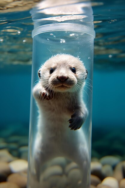 Foto er zit een klein dier in een doorzichtige fles in het water, generatieve ai
