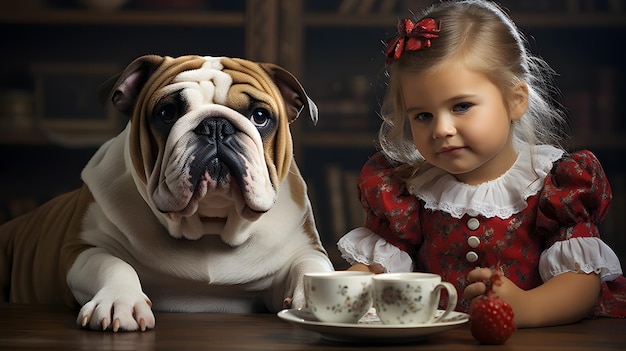 er zit een klein meisje en een bulldog aan een tafel Generatieve AI