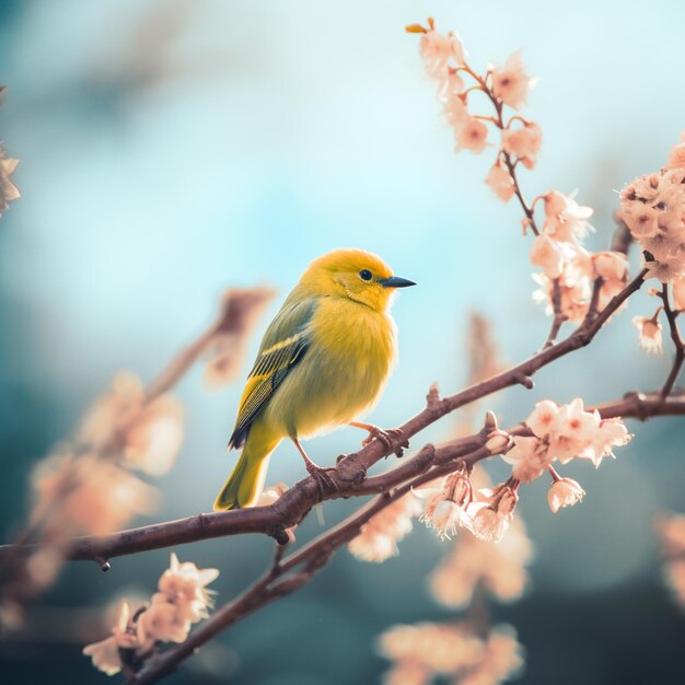 Er zit een kleine gele vogel op een tak van een boom.