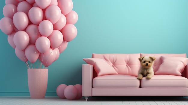 er zit een kleine hond op een roze bank voor een ballonboom generatieve ai