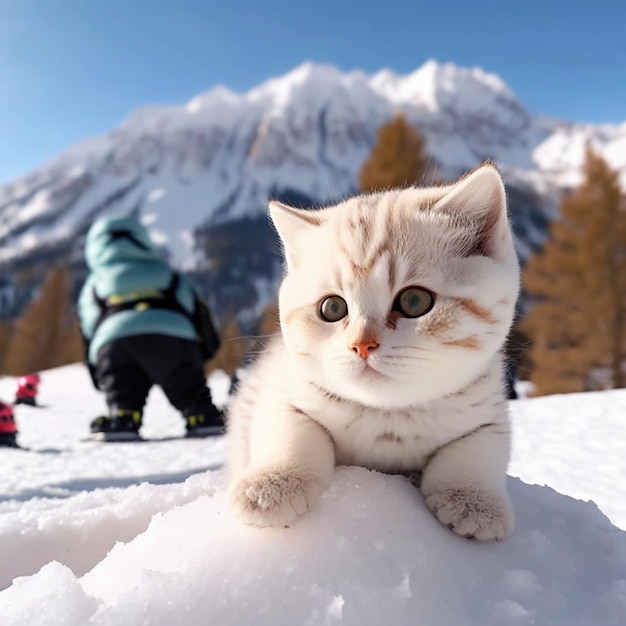 er zit een kleine kat op een met sneeuw bedekte heuvel generatieve ai