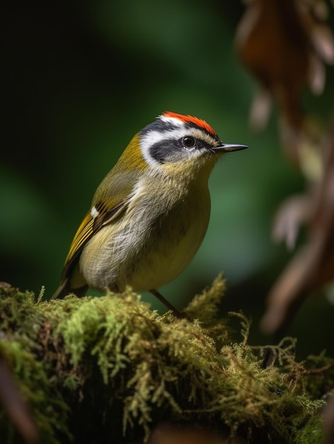 Er zit een kleine vogel op een mostige tak.