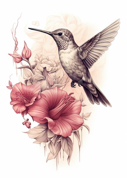 Er zit een kolibrie op een bloem met een witte achtergrond.