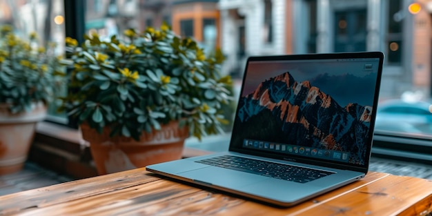 Er zit een laptop op een houten tafel.