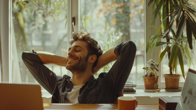 Foto er zit een man aan een bureau met zijn handen op zijn hoofd.