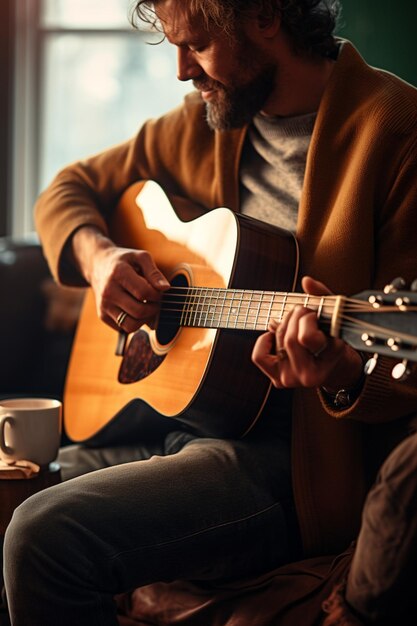 Er zit een man op een stoel die generatieve ai gitaar speelt