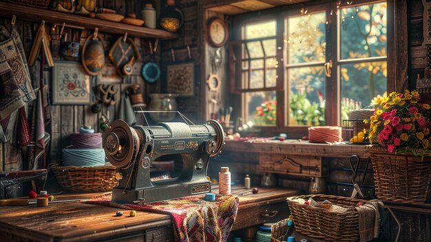 Foto er zit een naaimachine op een tafel in een kamer.