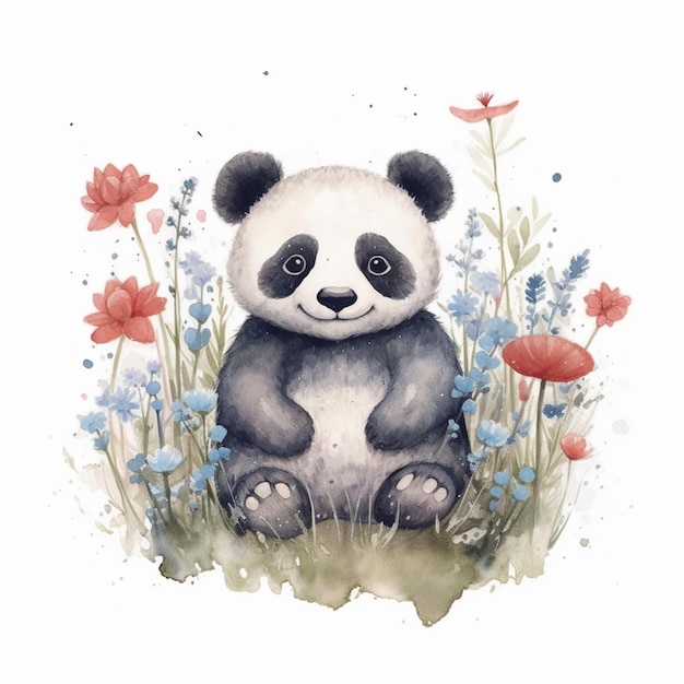Er zit een panda in het gras met bloemen.