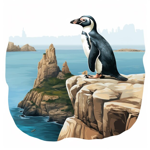 Er zit een pinguïn op een rots met uitzicht op de oceaan.