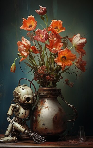 Er zit een robot naast een vaas met bloemen generatieve ai