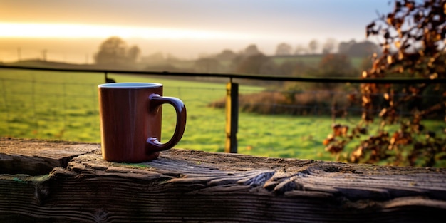 Er zit een rode koffiekop op een houten hek.