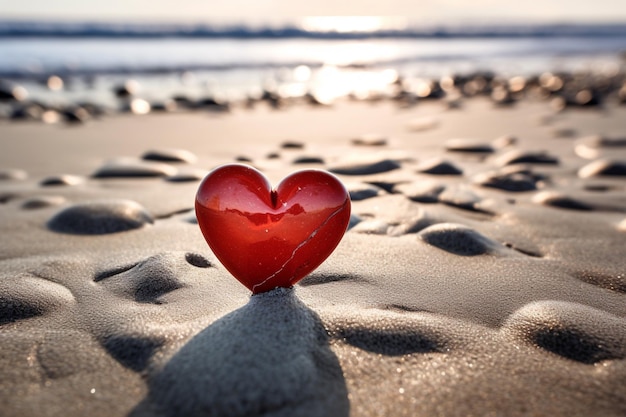 er zit een rood hart op een strand met rotsen generatieve ai