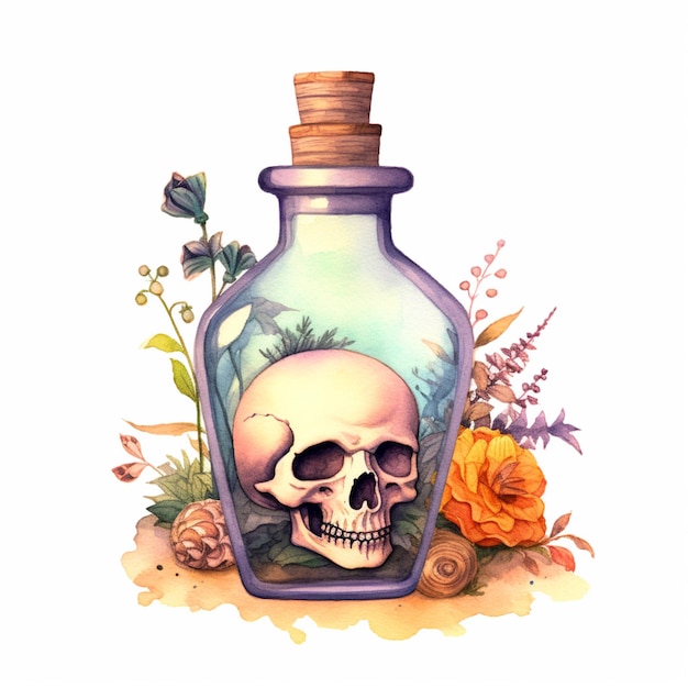 Er zit een schedel in een fles met bloemen en bladeren.
