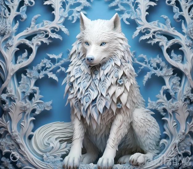 Er zit een standbeeld van een witte wolf op een blauwe achtergrond.